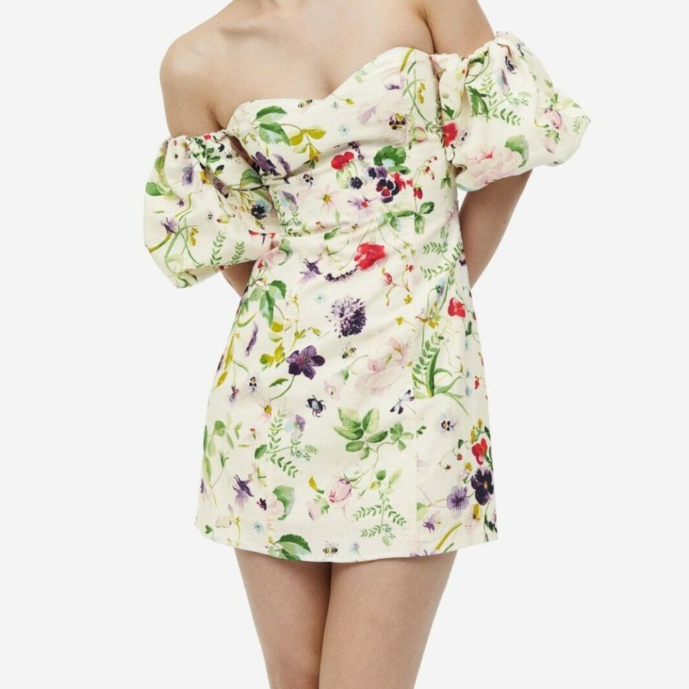 H&M Off-the-shoulder Puff-sleeve Cream Floral Dress